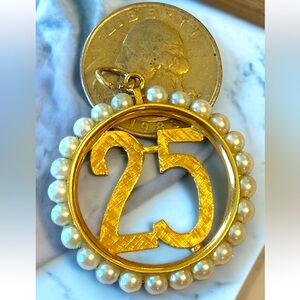 VINTAGE 14k Gold LARGE Custom Pearl “25” Years Charm Pendant One of a Kind!